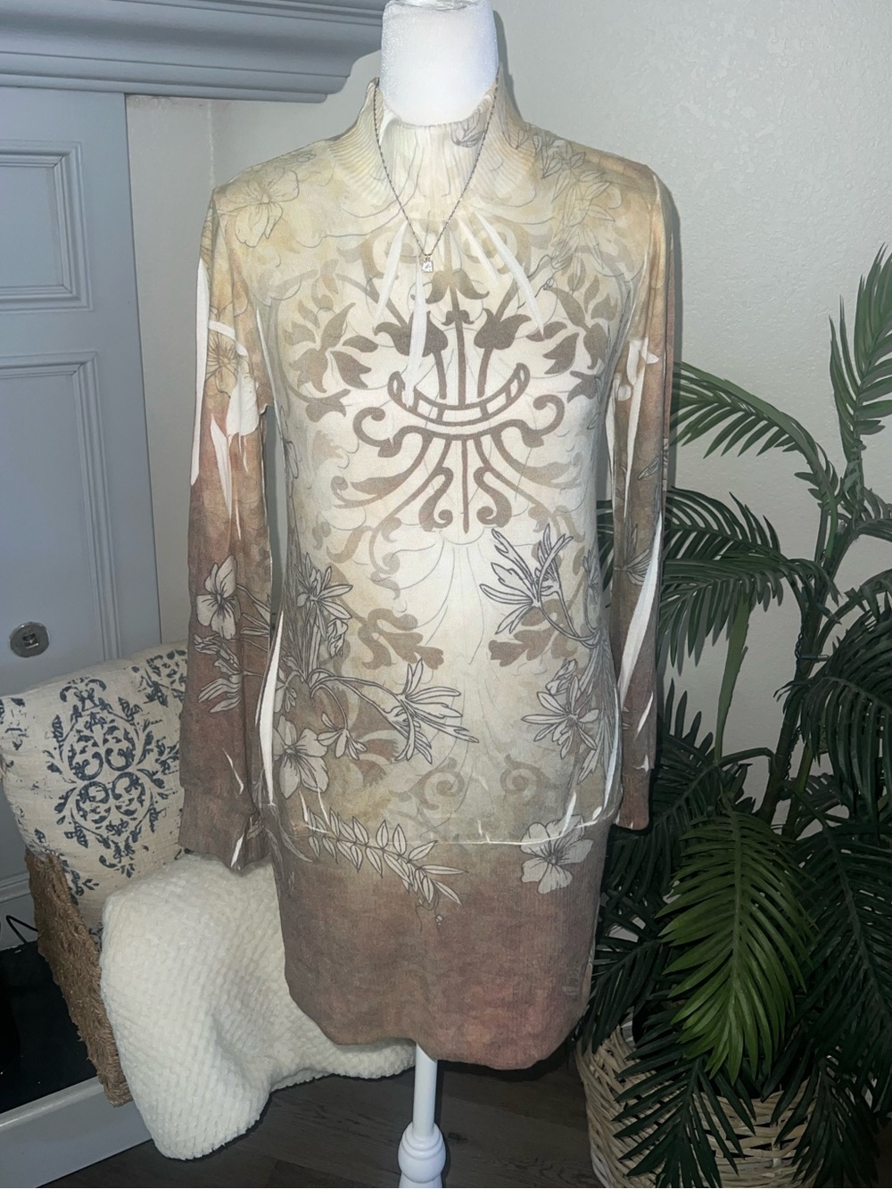 Vintage Y2K Daniel Benjamin Floral -Print Long Sleeve Tunic Sweater Dress